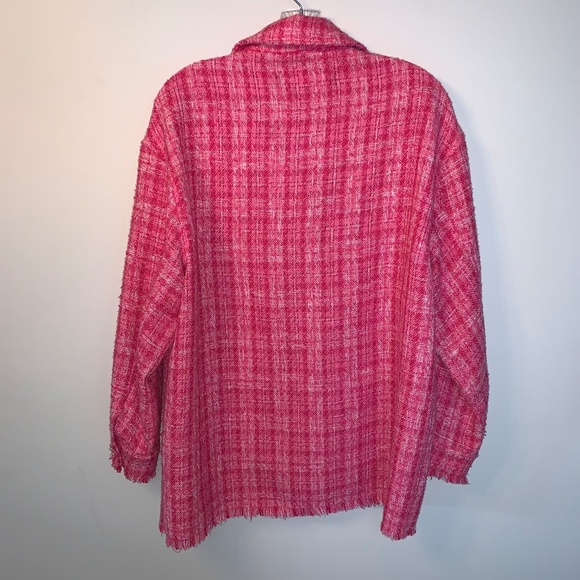 Zara Tweed Textured Woven Plaid Frayed Overshirt Shacket Shirt Jacket Pink S - Picture 2 of 16